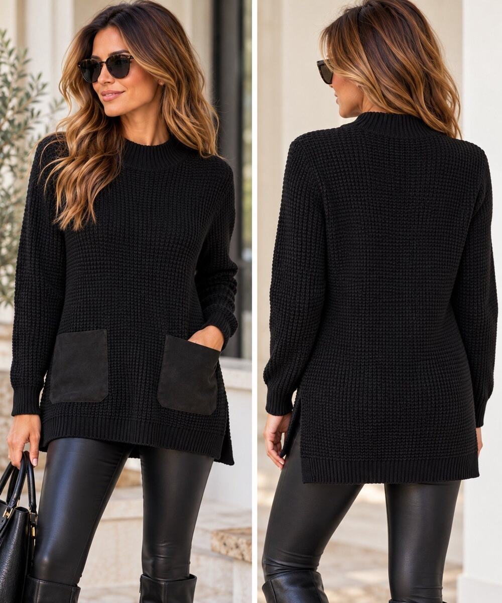 Banana Republic Women’s L Black Merino Wool Waffle Knit Sweater Patch Pockets